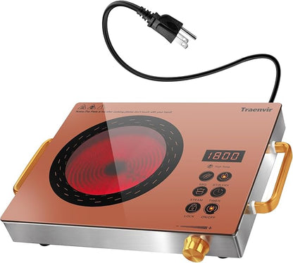 Single Burner Electric Cooktop, Protable Electric Stove with Handle, 1800W One Burner Ceramic Stove top for Dorm, Home, RV, Child Lock, Timer, Steam, BBQ, Stir Fry,110V - 120V Plug in, Orange