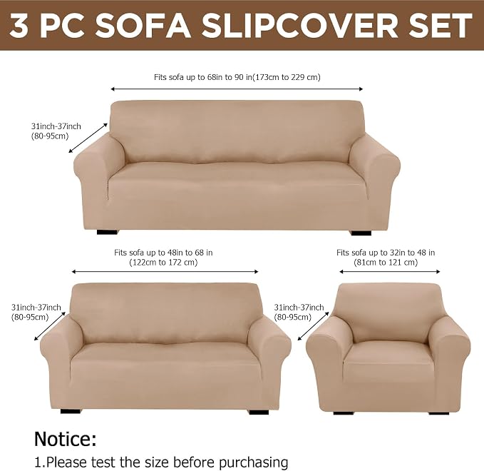 Peryiter 3 Pcs Couch and Loveseat Sofa Covers,Sand,Milk Silk | Armchair Covers for Living Room, Sofa Cushion Slipcover, Furniture Protector, Polyester and Spandex, Washable