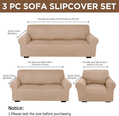 Peryiter 3 Pcs Couch and Loveseat Sofa Covers,Sand,Milk Silk | Armchair Covers for Living Room, Sofa Cushion Slipcover, Furniture Protector, Polyester and Spandex, Washable