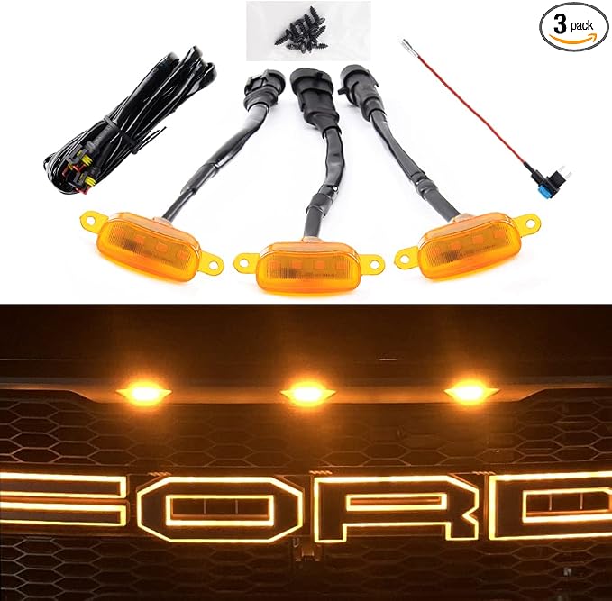 AUXLIGHT Car Accessories, 3PCS LED Grille Lights with Fuse & Wire, Compatible with 2004-2019 for-d F150 Raptor Style Aftermarket Grill, 2013-2018 R-am 1500 Raptor Style Aftermarket Grill (Amber)