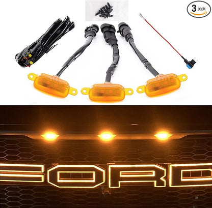 AUXLIGHT Car Accessories, 3PCS LED Grille Lights with Fuse & Wire, Compatible with 2004-2019 for-d F150 Raptor Style Aftermarket Grill, 2013-2018 R-am 1500 Raptor Style Aftermarket Grill (Amber)
