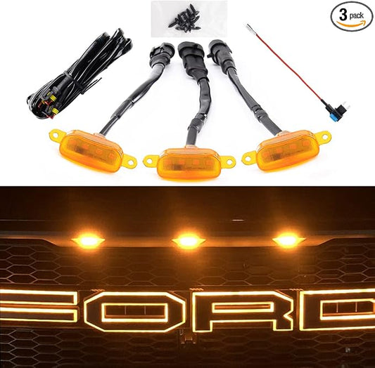 AUXLIGHT Car Accessories, 3PCS LED Grille Lights with Fuse & Wire, Compatible with 2004-2019 for-d F150 Raptor Style Aftermarket Grill, 2013-2018 R-am 1500 Raptor Style Aftermarket Grill (Amber)