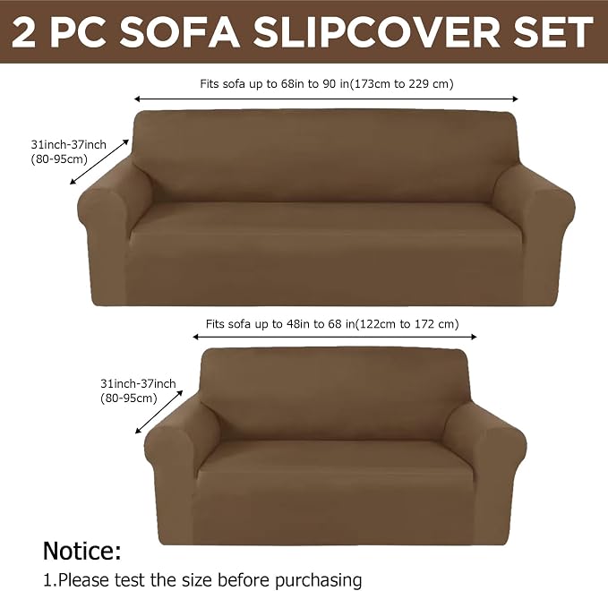 Peryiter 2 Pcs Couch and Loveseat Sofa Covers,Chocolate,Milk Silk | Armchair Covers for Living Room, Sofa Cushion Slipcover 2/3 Seater, Furniture Protector, Polyester and Spandex, Washable