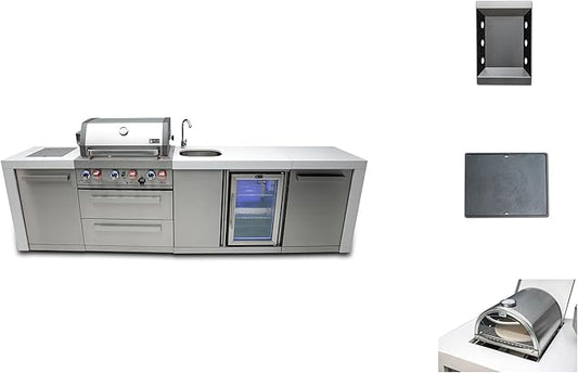Mont Alpi 120"W Deluxe Stainless Steel Outdoor Kitchen Island with 32"W 4-Burner BBQ Gas Grill + Beverage Center Faucet & Sink + Refrigerator + Side Burner Pizza Oven + Charcoal Tray + Griddle Plate