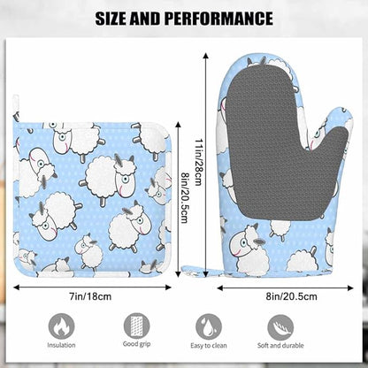 Mxocom Sheep Heat-Resistant Oven Mitts and Pot Holder Cute Animal White Sheep Llama Blue Polka Dots Kitchen Non-Slip Cooking Microwave Gloves for Cooking Baking Grilling