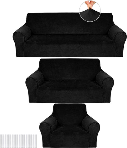 Peryiter 3 Pcs Couch and Loveseat Sofa Covers,Black,Velvet | Armchair Covers for Living Room, Sofa Cushion Slipcover, Furniture Protector, Polyester and Spandex, Washable