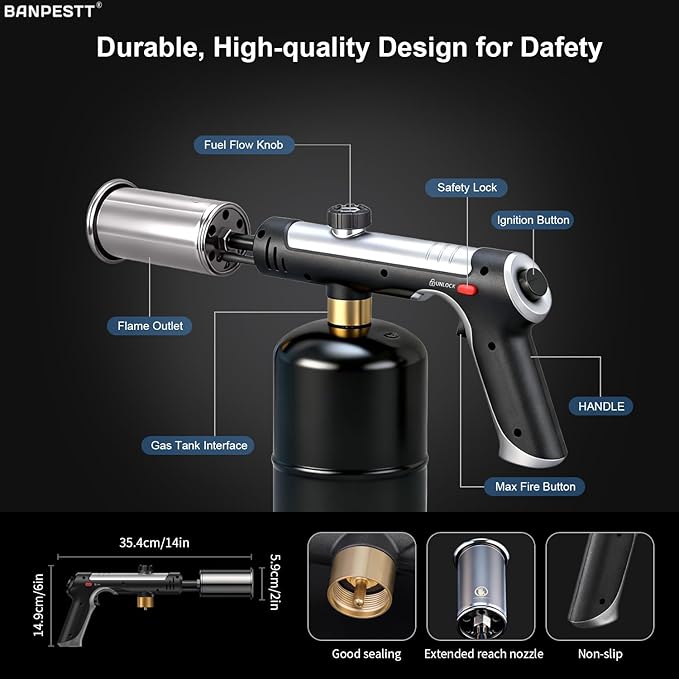 Powerful Propane Torch Gun with One-Tap Max Power & Safety Lock, Adjustable Flame Up to 3,272°F for BBQ, Searing, Camping, Weeding & DIY (Tank Not Included)