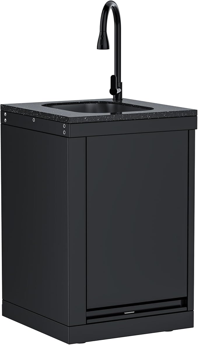 Black Stainless Steel Single Door Outdoor Sink Cabinet, Black Galaxy Granite Countertop, Hidden Handle, Pull-Down Faucet, Modular BBQ Island Prep Station for Backyard - Granite