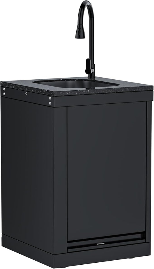 Black Stainless Steel Single Door Outdoor Sink Cabinet, Black Galaxy Granite Countertop, Hidden Handle, Pull-Down Faucet, Modular BBQ Island Prep Station for Backyard - Granite