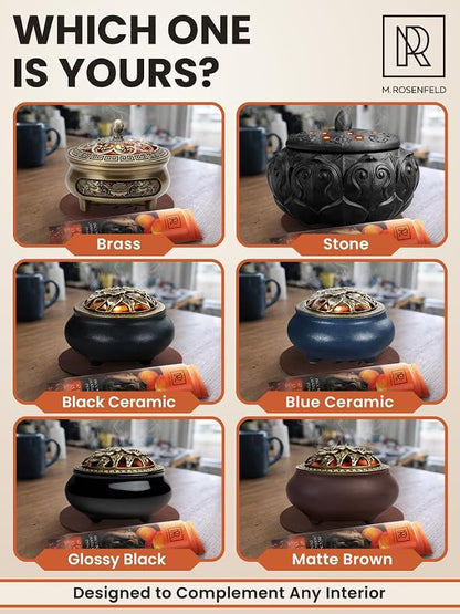 Resin Incense Burner for Frankincense & Bakhoor – Ceramic Charcoal Incense Burner with Lid, Stainless Steel Mesh and Heat-Resistant Lining for Altar & Meditation, Glazed Red