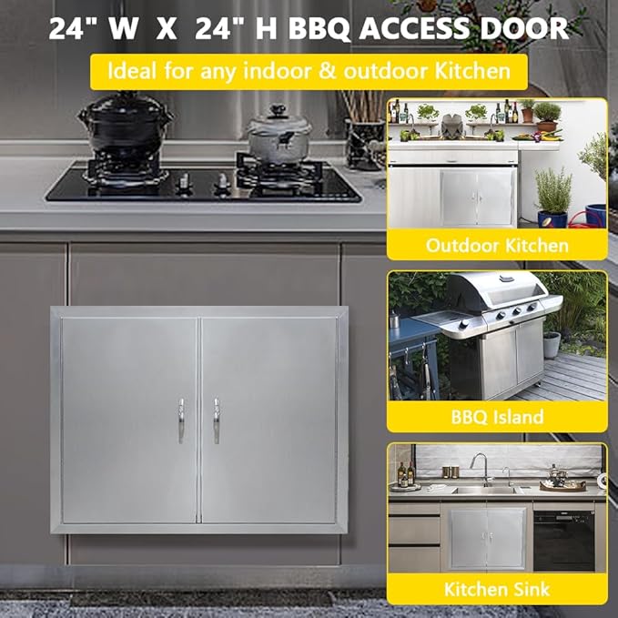 Outdoor Kitchen Doors 24W x 24H Inch, 304 Stainless Steel Access Doors, Double Wall Construction Vertical BBQ Doors for BBQ Island, Grilling Station, Outdoor Cabinet