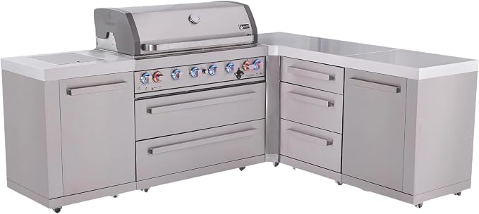 Mont Alpi Premium 94"W x 75"D x 46"H L-shaped Stainless Steel Modular Outdoor Kitchen Island with Side Burner + 44"W 6-Burner BBQ Gas Grill + White Granite Countertops + Storage Cabinets and Drawers