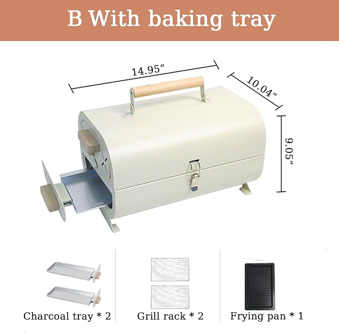 Portable Charcoal Grills With Lid, Small Folding Tabletop Grill, 14.95*10.04 Inch Compact Barbecue, Both-side Grate for Outdoor Cooking Camping, Picnics, Backyard, Balcony (With eight-piece set and s