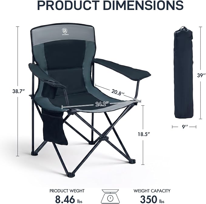 EVER ADVANCED Oversized Folding Lawn Chair, Heavy Duty Steel Camping Chair with Cup Holder, 350 lbs Weight Capacity for Adult Outdoor Fishing & Sports, Black