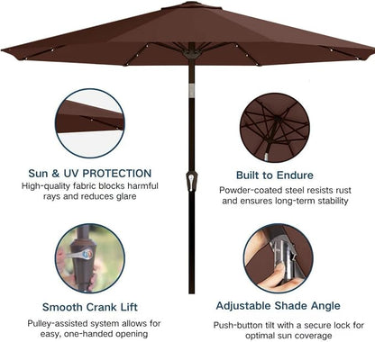 9' Solar LED Patio Umbrella with Tilt & Crank|8 Sturdy Ribs,UV Protection,Outdoor Market Table Umbrella for Deck,Lawn,Pool,Backyard(Brown)