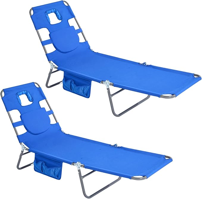 SUNNYFEEL Lay Flat Tanning Chair 2 Pack with Face Down Hole & Arm Slots, Backpack Beach Lounge Chair, 5-Position Folding Sunbathing Chair, 300 LBS Heavy Duty, 72" L x 22" W for Beach, Pool, Camping