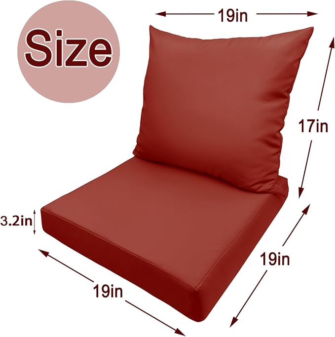 Bcareself Outdoor Deep Seat Cushion Set Waterproof & Fade Resistant Patio Furniture Cushions with Removable Cover Adjustable Straps, Rain-Proof Seat Pad & Back Cushion for Chair Sofa Porch 19 x 19 Red