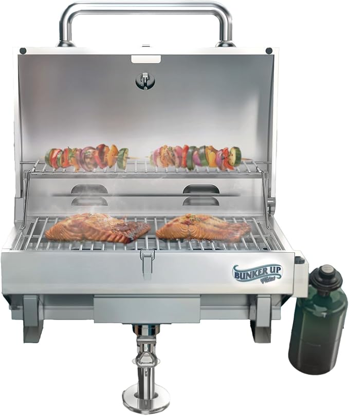 Bunker Up Fishin Stainless Steel Boat Grill with Rod Holder Mount - Great for Boating and Camping - Portable Tabletop BBQ Grill, 12000 BTU Burner, 277 sq.in Grilling Space and 87 sq.in Warming Rack