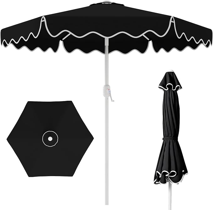 AreShark 7.5FT Outdoor Patio Umbrella with Wavy Trim (Black) | Market Table Umbrellas w/ 6 Sturdy Ribs, Crank & Tilt, White Pole, Pool Umbrella with UV-Fade Resistant Fabric, Heavy Frame