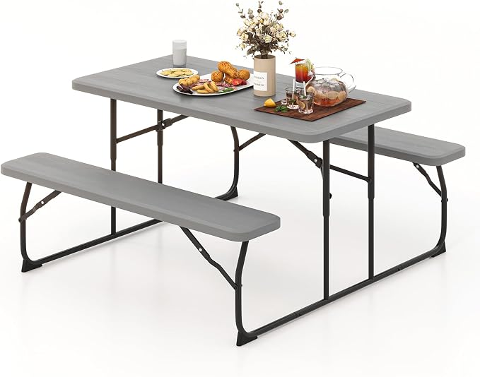 Goplus Foldable Picnic Table with Benches, Rectangular Camping Table Set with Metal Frame, Folding Indoor Outdoor Dining Table Set for Garden, Patio, Backyard (Grey)