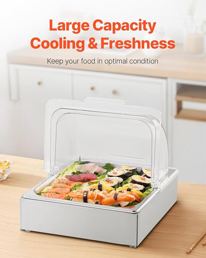 VEVOR Countertop Food Serving Display Container, 1 x 1/2 Pan Stainless Steel Food Serving Tray, Buffet Condiment Dispenser Display Rack with Clear Lid & Ice Tray, for Restaurant Hotel Kitchen Party
