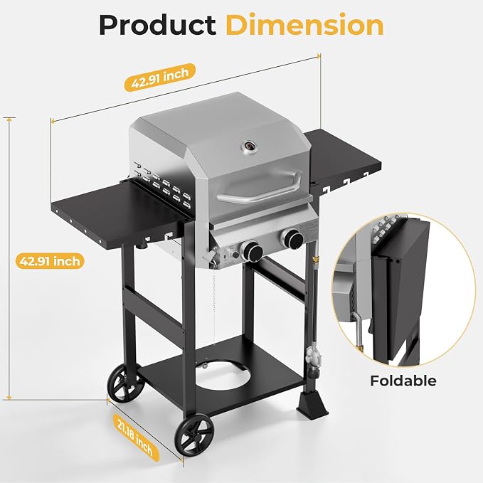 Electactic 2 Burner Propane Gas Grill, 16,000 BTU Stainless Steel BBQ Grill with Folding Side Tables, Convertible to Tabletop Design, Enameled Cast Iron Grates, Barbecue Grill for Camping, Patio