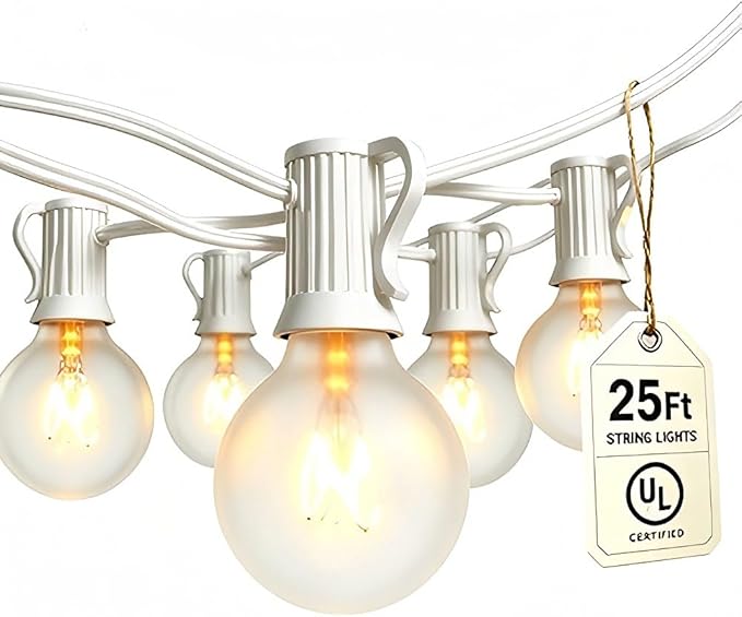 Abeja Outdoor Frosted String Lights G40-25Ft with 27 Clear Bulbs, UL Listed for Patio Garden Umbrella Bars Balcony Party Decor Indoor, E12 Base, 5W, White