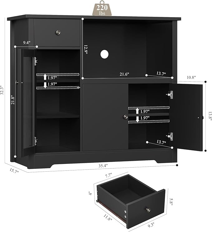 HORSTORS Microwave Cabinet, Kitchen Storage Cabinet with 3 Doors and 1 Drawer, Buffet Sideboard with Adjustable Shelves, Microwave Stand for Kitchen, Dining Room, Black