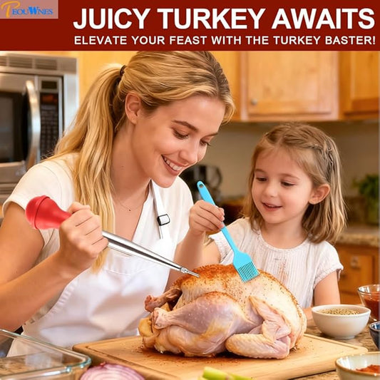 Stainless Steel Turkey Baster with Cleaning Brush & Needle, Red Meat Injector Set for Home Baking Kitchen Tool Cooking, Flavor Meat Poultry, Beef, Chicken