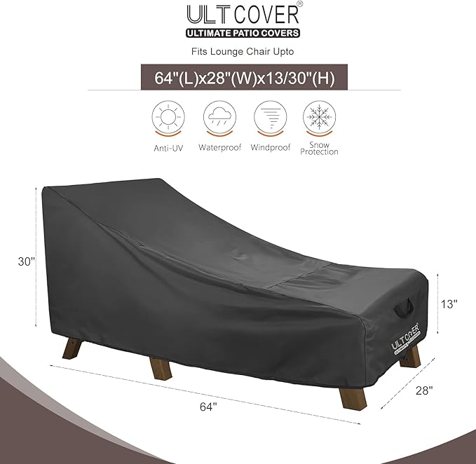 ULTCOVER Waterproof Patio Lounge Chair Cover Heavy Duty Outdoor Chaise Lounge Covers - 64L x 28W x 30H inch, Black
