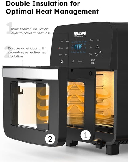 Nuwave Brio Air Fryer Oven, 15.5Qt X-Large Family Size, SS Rotisserie Basket &-Skewer Kit, Powerful 1800W, 50F-425F Temp Controls, Integrated Smart Thermometer