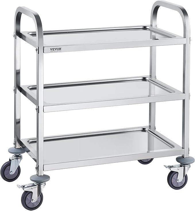 VEVOR Stainless Steel Cart, 3 Layers Lab Utility Cart 220 lbs Weight Capacity, Medical Cart with Lockable Universal Wheels, for Lab, Clinic, Kitchen, Salon