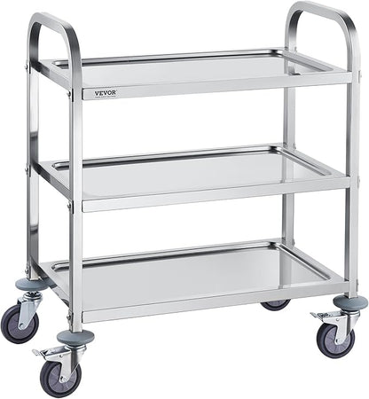 VEVOR Stainless Steel Cart, 3 Layers Lab Utility Cart 220 lbs Weight Capacity, Medical Cart with Lockable Universal Wheels, for Lab, Clinic, Kitchen, Salon