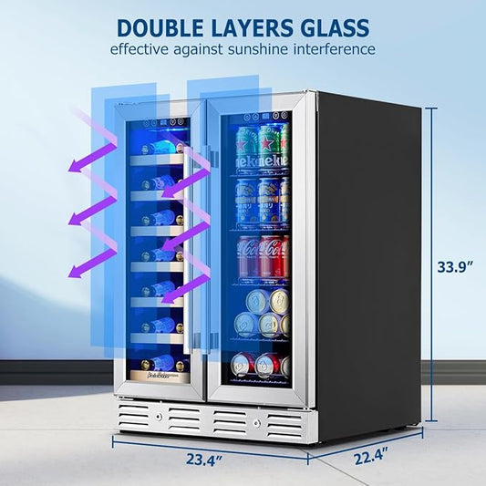 Kalamera 24 inch Wine Fridge Hold 21 Bottles and 75 Cans, Dual Zone Cooling | Wine and Beverage Refrigerator,Built-In or Freestanding with Blue LED Light for Home/Bar/Office