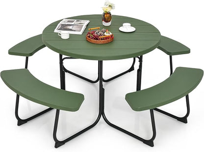 Tangkula 8 Person Picnic Table, Outdoor Round Picnic Table with 4 Built-in Benches, Umbrella Hole, Metal Frame & HDPE Tabletop, Outside Table and Bench Set for Backyard, 2300lbs Weight Capacity