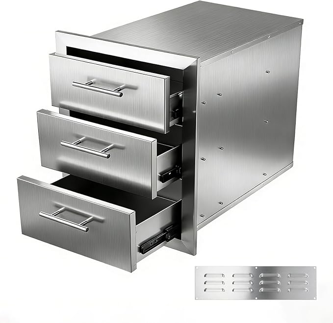 Outdoor Kitchen Drawers 18" W x 20.5" H x 20.5" D Stainless Steel Flush Mount Modular Cabinet, with Chrome Handle for Outdoor Kitchens or BBQ Island Patio Grill Station