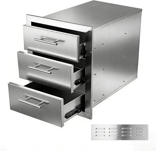 Outdoor Kitchen Drawers 18" W x 20.5" H x 20.5" D Stainless Steel Flush Mount Modular Cabinet, with Chrome Handle for Outdoor Kitchens or BBQ Island Patio Grill Station
