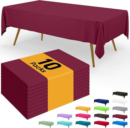 Smiry Disposable Table Cloth - 10 Pack, 54 x 108 Inch Waterproof Rectangle Tablecloths for Parties, Decorative Plastic Table Cover, Leakproof & Sturdy, Wine Red