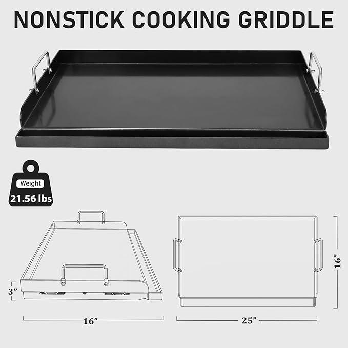 Utheer 25 x 16 x 2.6 Inch Nano-Ceramic Nonstick Griddle Plate for Gas and Charcoal Grills, Pre-Seasoned Cast Iron Flat Top Insert with Grease Groove, Removable Handles for BBQ, Camping, Tailgating