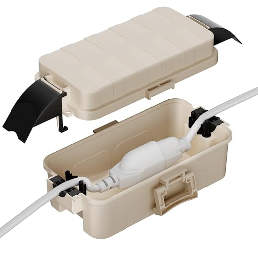 Flemoon IP55 Small Outdoor Electrical Box Waterproof, for Power Strip | Inner 5.9 x 3.2 x 1.8inch, Extension Cord Cover with Detachable Awning Covers for Plug, Outlet, Holiday Lights, Almond