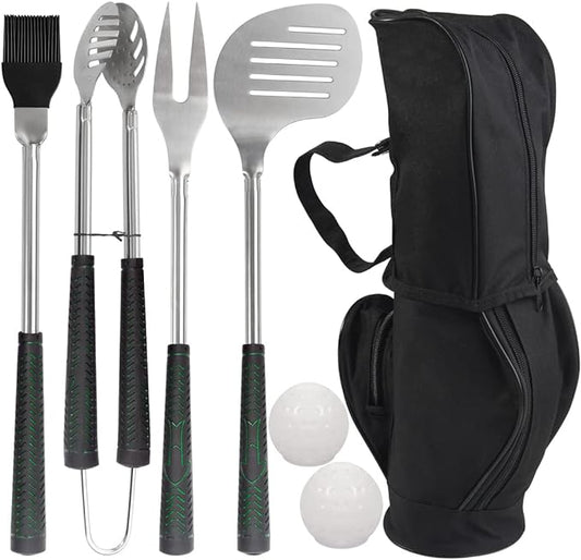 POLIGO 7PCS Golf-Club Style BBQ Tool Set Grilling Tools with Rubber Handle - Stainless Steel Grill Accessories for Outdoor Grill Set Premium Grill Utensils Set Fathers Day Birthday Gifts for Men Black