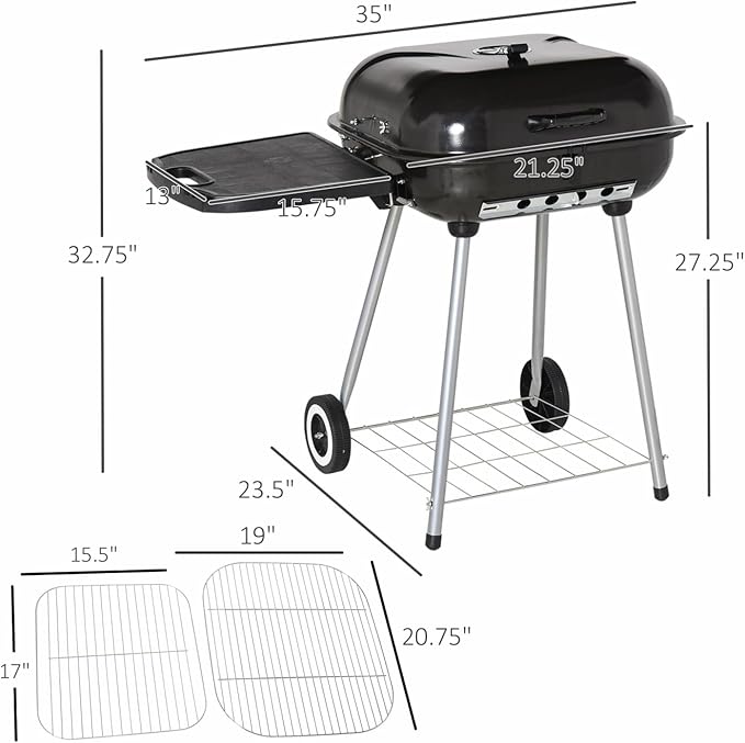 21" Portable Charcoal Grill With Wheels And Bottom Shelf, Bbq Smoker With Adjustable Vents On Lid For Picnic Camping Backyard Cooking, Black - Steel - Portable Charcoal Bbq Grill - Outdoor Cooking -