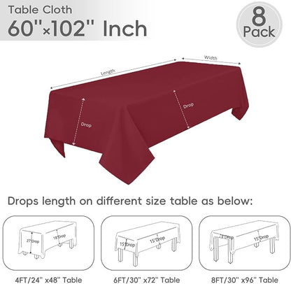 8 Pack Burgundy Tablecloth 60 x 102 Inch Rectangle For 6 Foot Tables | Wrinkle Resistant, Washable Polyester Fabric, Rectangular Table Cloth for Wedding Party Banquet Buffet and Camping