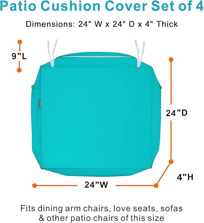 NettyPro Patio Chair Seat Cushion Covers Set 4, Waterproof Outdoor Furniture Cushion Slipcovers with Zipper and Tie, 24 x 24 x 4 Inch, Replacement Cover Only, Turquoise