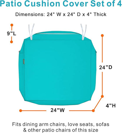 NettyPro Patio Chair Seat Cushion Covers Set 4, Waterproof Outdoor Furniture Cushion Slipcovers with Zipper and Tie, 24 x 24 x 4 Inch, Replacement Cover Only, Turquoise