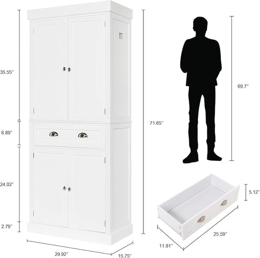 VINGLI 71-Inch White Storage Cabinets with Drawers, Freestanding Pantry Cabinets with Doors and Shelves Adjustable, Wood Farmhouse Kitchen Pantry Cupboard