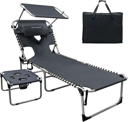 Outdoor Tanning Chair with Sun Canopy Shade & Face Hole, Folding Lounge Chair with Beach Table and Carry Bag for Poolside Sunbathing Lawn