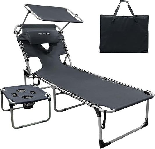 Outdoor Tanning Chair with Sun Canopy Shade & Face Hole, Folding Lounge Chair with Beach Table and Carry Bag for Poolside Sunbathing Lawn