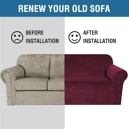 H.VERSAILTEX Stretch Velvet Sofa Covers Large Couch Covers Sofa Slipcovers Furniture Protector Soft with Non Slip Elastic Bottom, Feature Thick Comfy Rich Velour (Extra Wide Sofa 98"-105", Burgundy)