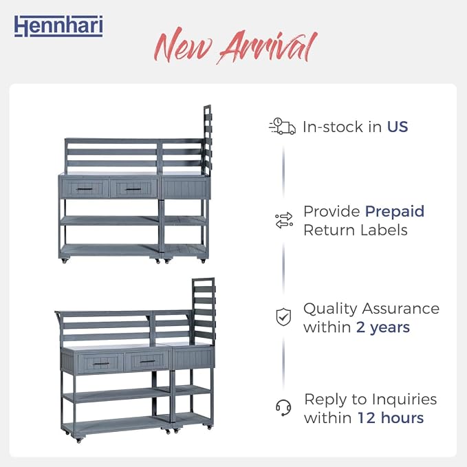 62.3'' Outdoor Kitchen Island with Stainless Steel Top and Raised Shelf, Potting Bench with Drawers and Wheels, Grill Prep Table for BBQ, Patio, Party (Grey Blue)
